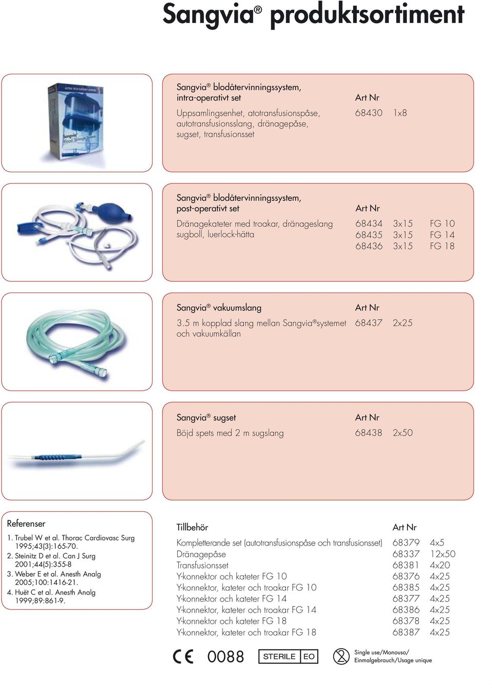 5 m kopplad slang mellan Sangvia systemet och vakuumkällan 68437 2x25 Sangvia sugset Böjd spets med 2 m sugslang 68438 2x50 Referenser 1. Trubel W et al. Thorac Cardiovasc Surg 1995;43(3):165-70. 2. Steinitz D et al.