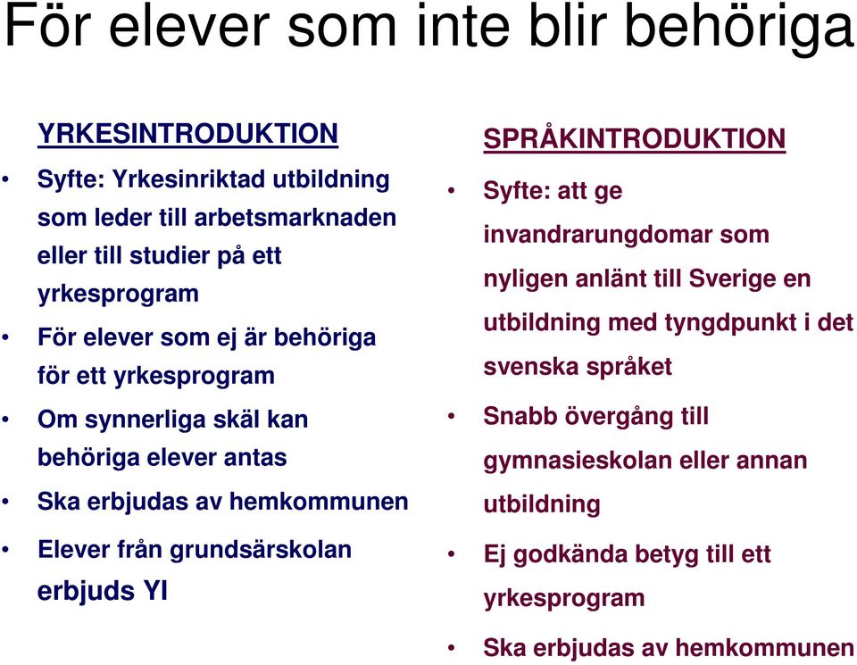 från grundsärskolan erbjuds YI SPRÅKINTRODUKTION Syfte: att ge invandrarungdomar som nyligen anlänt till Sverige en utbildning med tyngdpunkt i