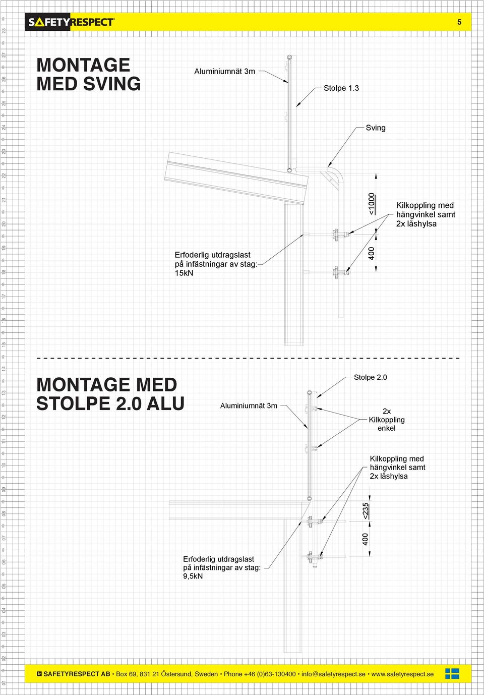 infästningar av stag: 15kN 400 MONTAGE MED STOLPE 2.0 ALU Aluminiumnät 3m Stolpe 2.