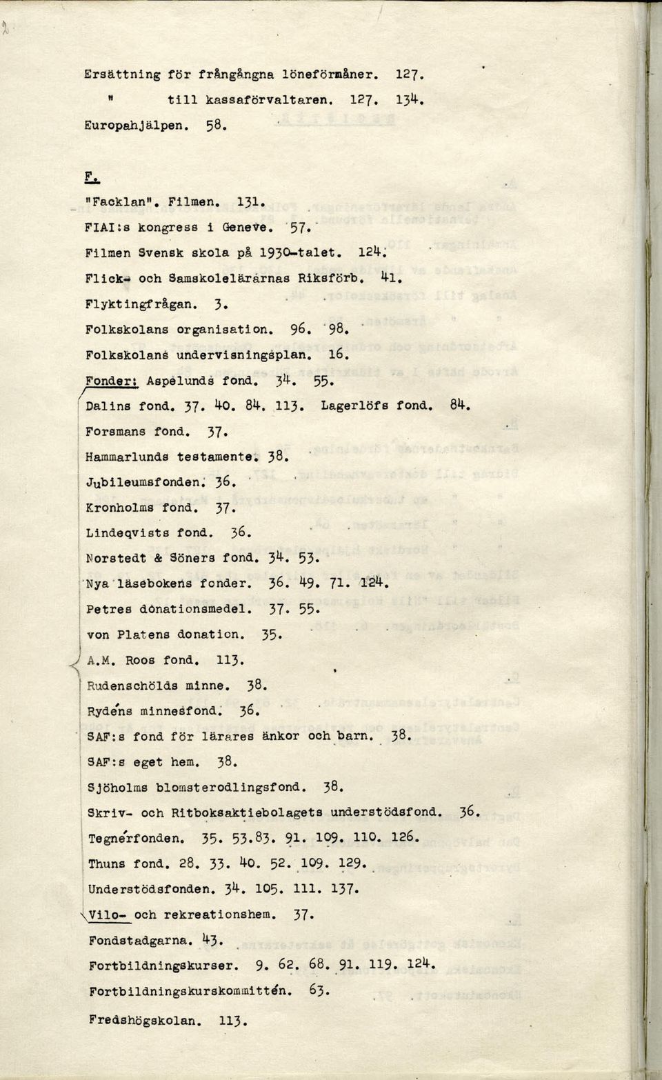 Lagerlöfs fond. 84-. Forsmans fond. 37. Hammarlunds testamente. 38. Jubileumsfonden. 36. Kronholms fond. 37. Lindeqvists fond. 36. Norstedt & Söners fond. 3%. 53. Nya läsebokens fonder. 36. 4-9. 71.