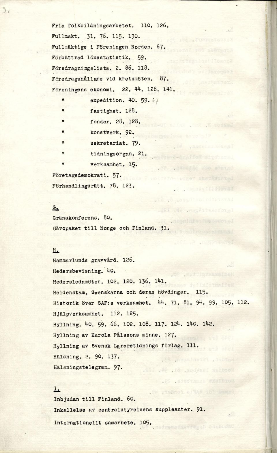 57* Förhandlingsrätt. 78. 123. fe, Gränskonferens. 80. Gåvopaket t i l l Norge och Finland. J>1, s* Hammarlunds gravvård. 126. Hedersbevisning. 40. Hedersledamöter. 102. 120. 136. lkl.
