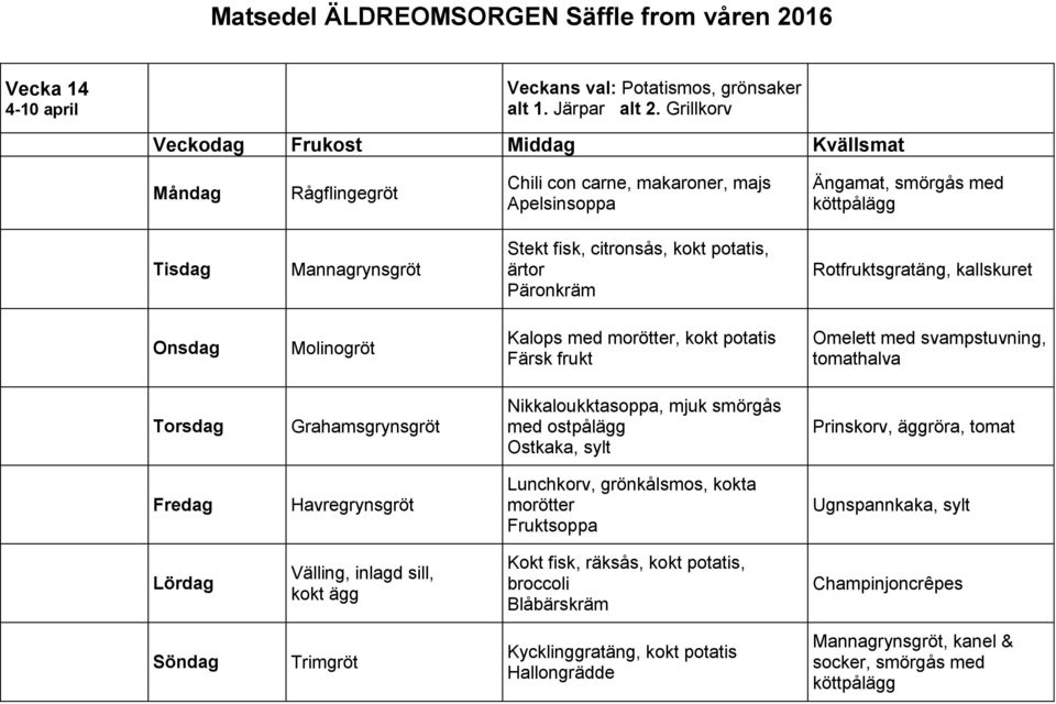 Rotfruktsgratäng, kallskuret Kalops med morötter, kokt potatis Omelett med svampstuvning, tomathalva Nikkaloukktasoppa, mjuk smörgås med