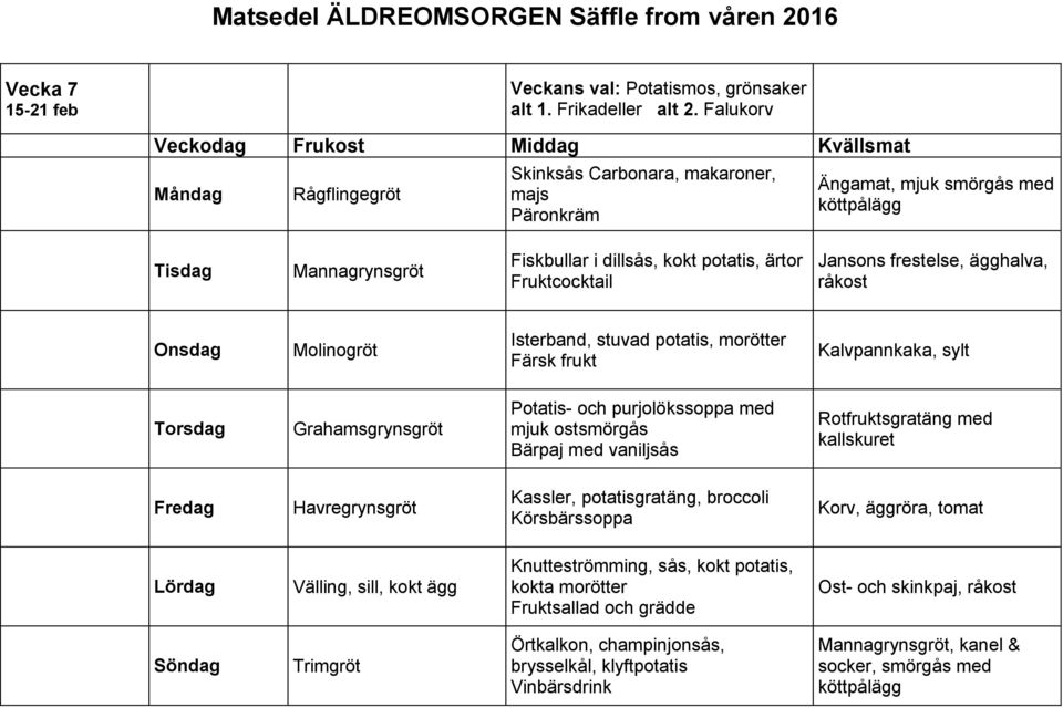 ägghalva, råkost Isterband, stuvad potatis, morötter Kalvpannkaka, sylt Potatis- och purjolökssoppa med mjuk ostsmörgås Bärpaj med vaniljsås Rotfruktsgratäng med