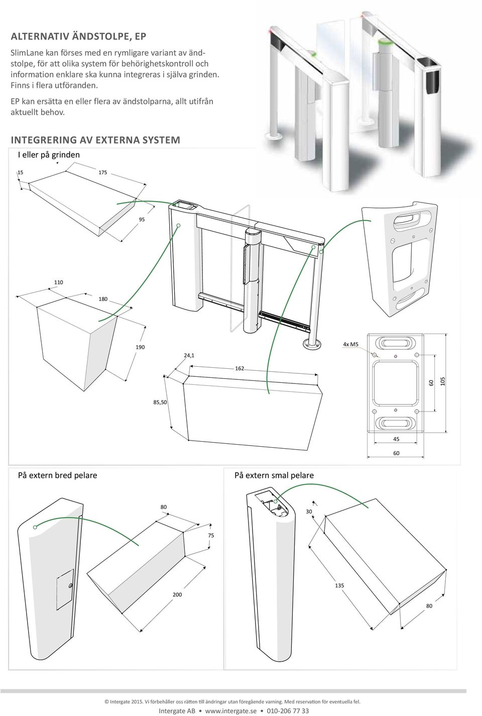 INTEGRERING V EXTERN SYSTEM I eller på grinden 15 175 95 110 180 190 24,1 4x M5 162 60 105 85,50 45 60 På extern bred pelare På extern smal pelare 80 30
