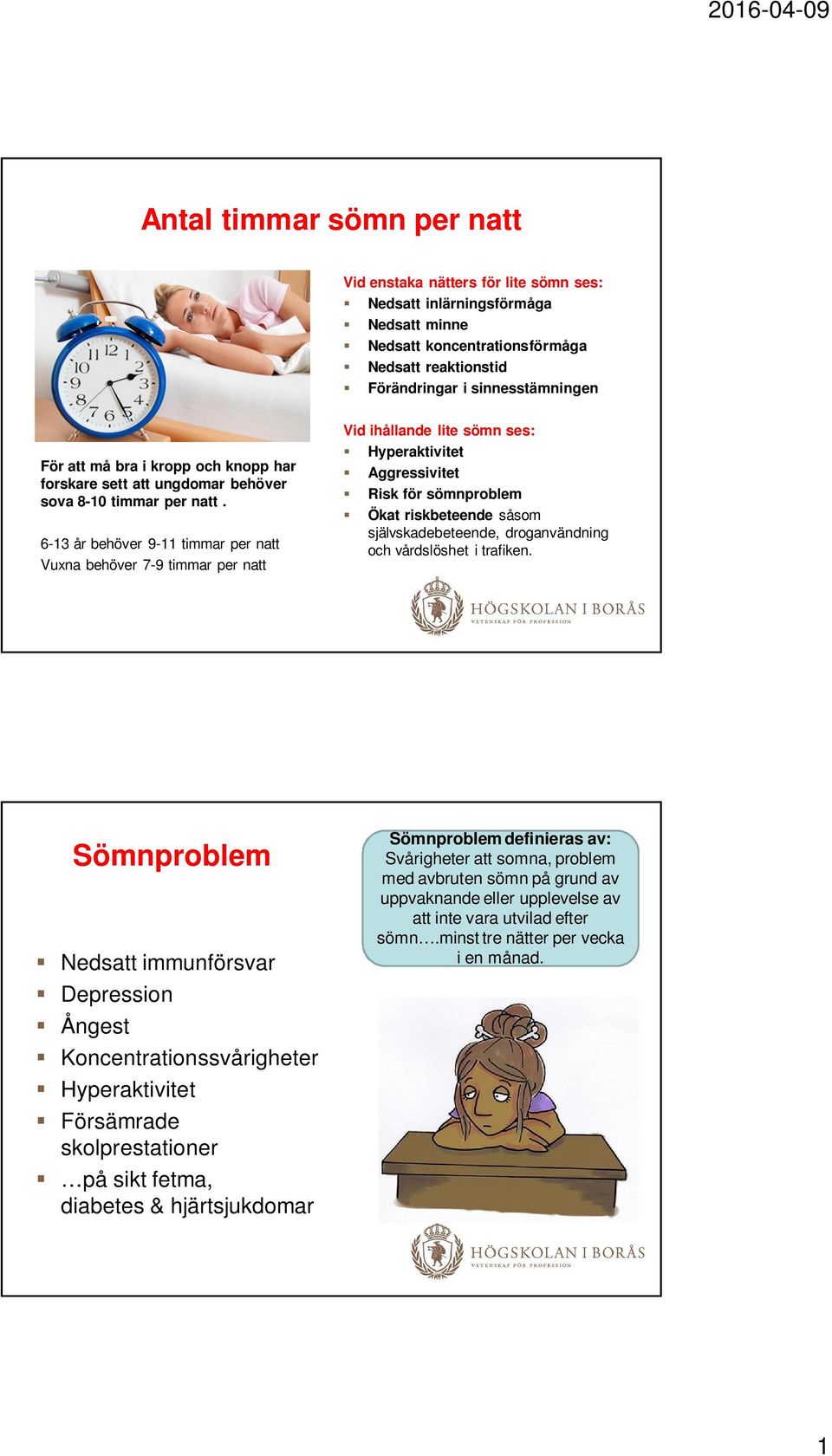 6-13 år behöver 9-11 timmar per natt Vuxna behöver 7-9 timmar per natt Vid ihållande lite sömn ses: Hyperaktivitet Aggressivitet Risk för sömnproblem Ökat riskbeteende såsom självskadebeteende,