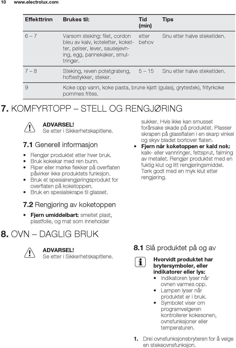 9 Koke opp vann, koke pasta, brune kjøtt (gulasj, grytestek), frityrkoke pommes frites. 7. KOMFYRTOPP STELL OG RENGJØRING Se etter i Sikkerhetskapitlene. 7.1 Generell informasjon Rengjør produktet etter hver bruk.