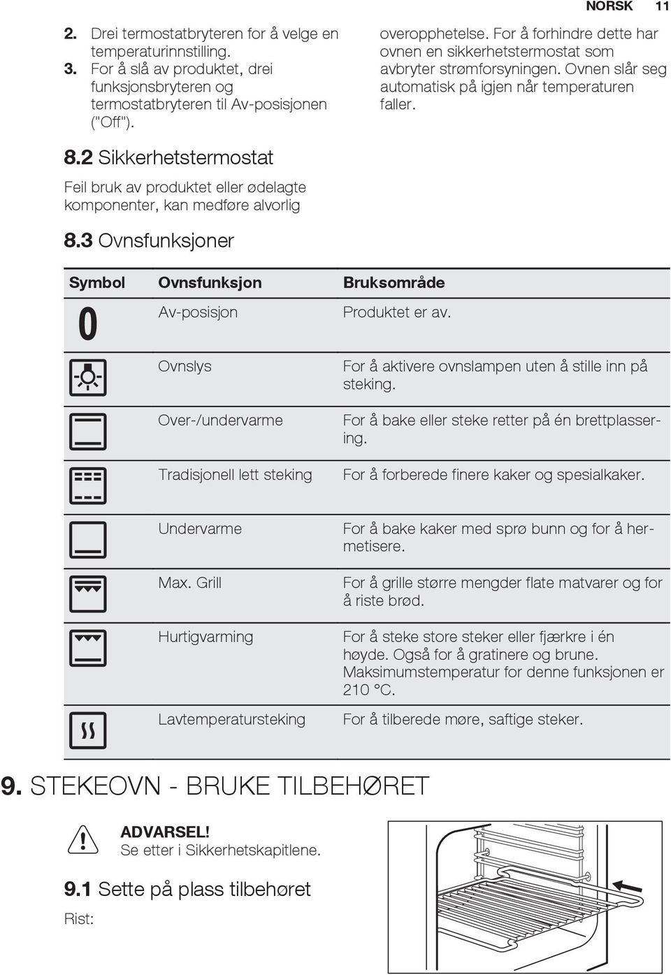 2 Sikkerhetstermostat Feil bruk av produktet eller ødelagte komponenter, kan medføre alvorlig 8.3 Ovnsfunksjoner Symbol Ovnsfunksjon Bruksområde Av-posisjon Produktet er av.