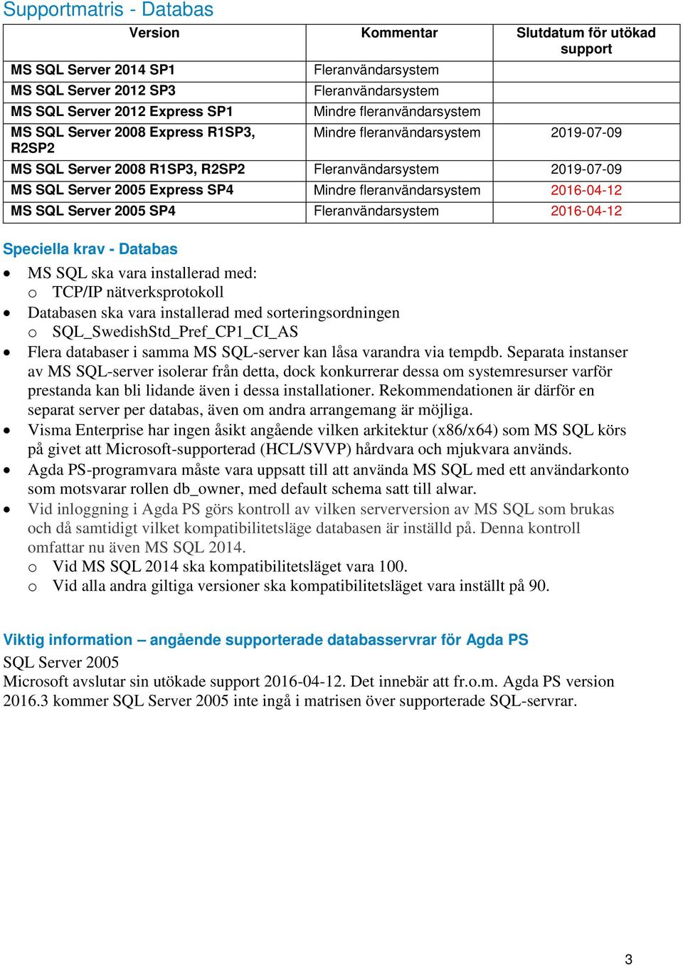 Mindre fleranvändarsystem 2016-04-12 MS SQL Server 2005 SP4 Fleranvändarsystem 2016-04-12 Speciella krav - Databas MS SQL ska vara installerad med: o TCP/IP nätverksprotokoll Databasen ska vara