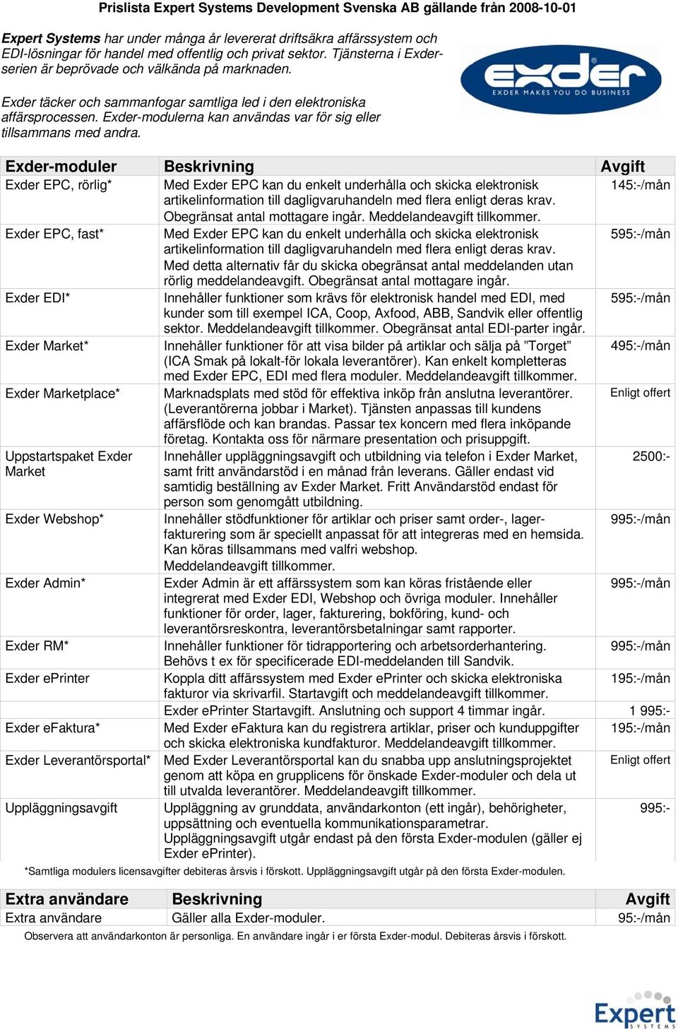 Exder-moduler Beskrivning Avgift Exder EPC, rörlig* Med Exder EPC kan du enkelt underhålla och skicka elektronisk 145:-/mån artikelinformation till dagligvaruhandeln med flera enligt deras krav.