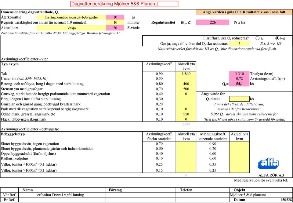 avlästa från karta, vilka därför blir ungefärliga. Bedömd felmarginal ±1. First flush, ska Q r reduceras? Ja Nej Om ja, ange till vilken del Q r ska reduceras. 3 E.x.