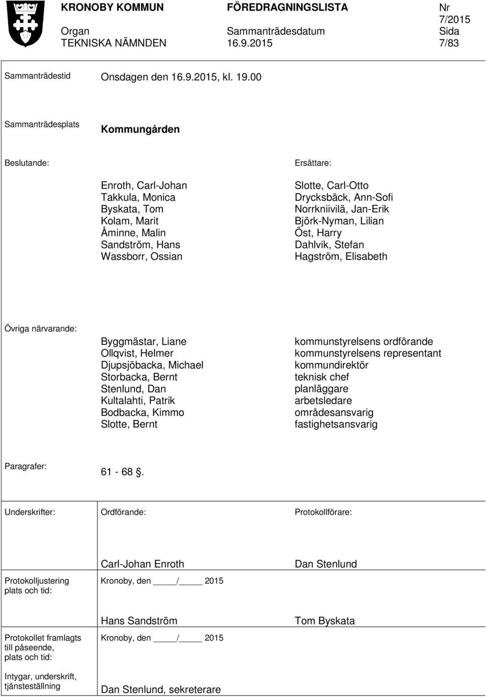 Ann-Sofi Norrkniivilä, Jan-Erik Björk-Nyman, Lilian Öst, Harry Dahlvik, Stefan Hagström, Elisabeth Övriga närvarande: Byggmästar, Liane Ollqvist, Helmer Djupsjöbacka, Michael Storbacka, Bernt