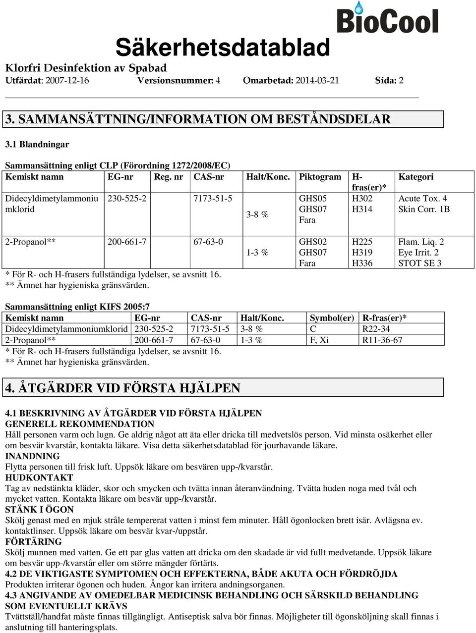 Piktogram H Didecyldimetylammoniu mklorid 2305252 7173515 38 % GHS05 GHS07 Fara fras(er)* H302 H314 Kategori Acute Tox. 4 Skin Corr.