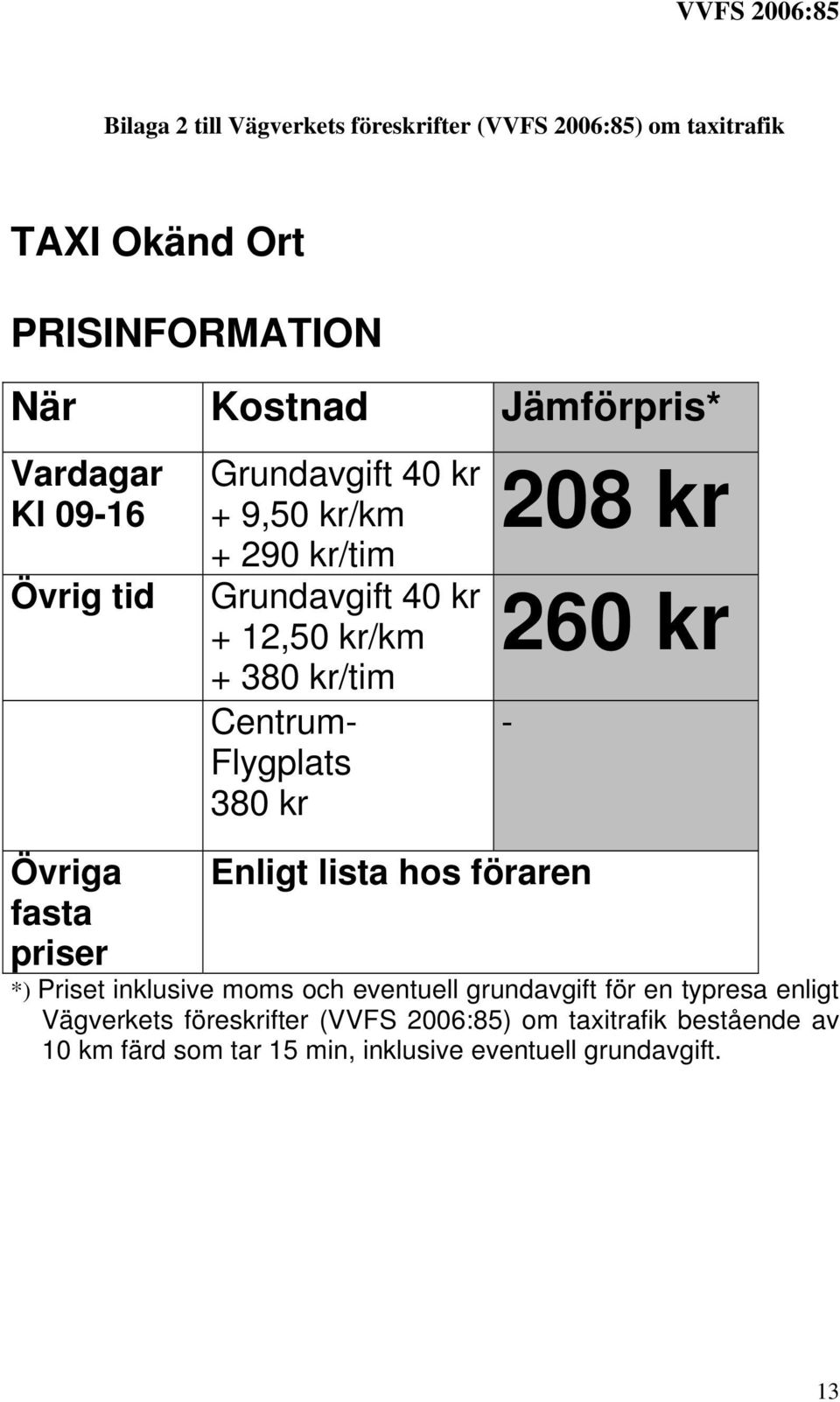 Flygplats 380 kr 208 kr 260 kr - Övriga fasta priser Enligt lista hos föraren *) Priset inklusive moms och eventuell grundavgift för