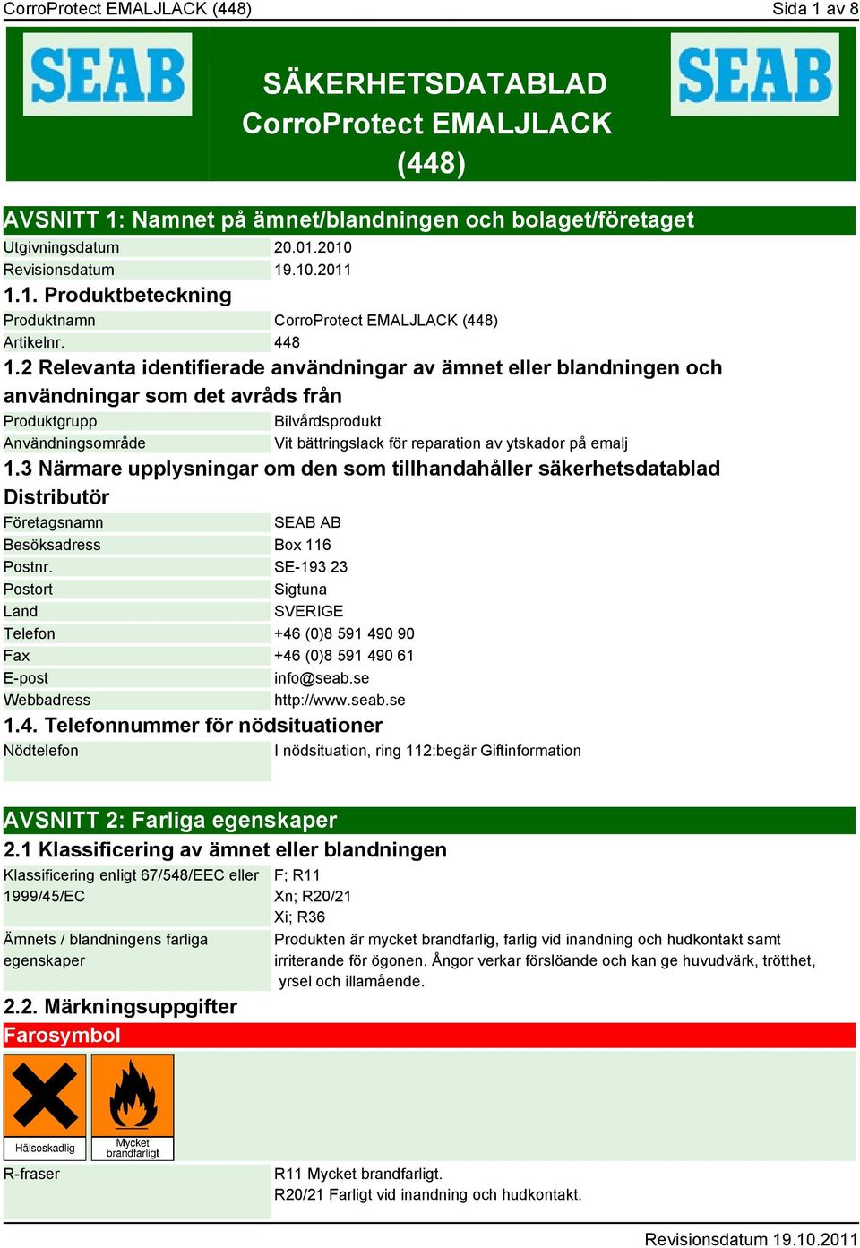 2 Relevanta identifierade användningar av ämnet eller blandningen och användningar som det avråds från Produktgrupp Bilvårdsprodukt Användningsområde Vit bättringslack för reparation av ytskador på