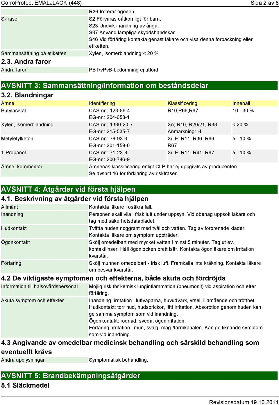 Andra faror Andra faror PBT/vPvB-bedömning ej utförd. AVSNITT 3: Sammansättning/information om beståndsdelar 3.2. Blandningar Ämne Identifiering Klassificering Innehåll Butylacetat CAS-nr.