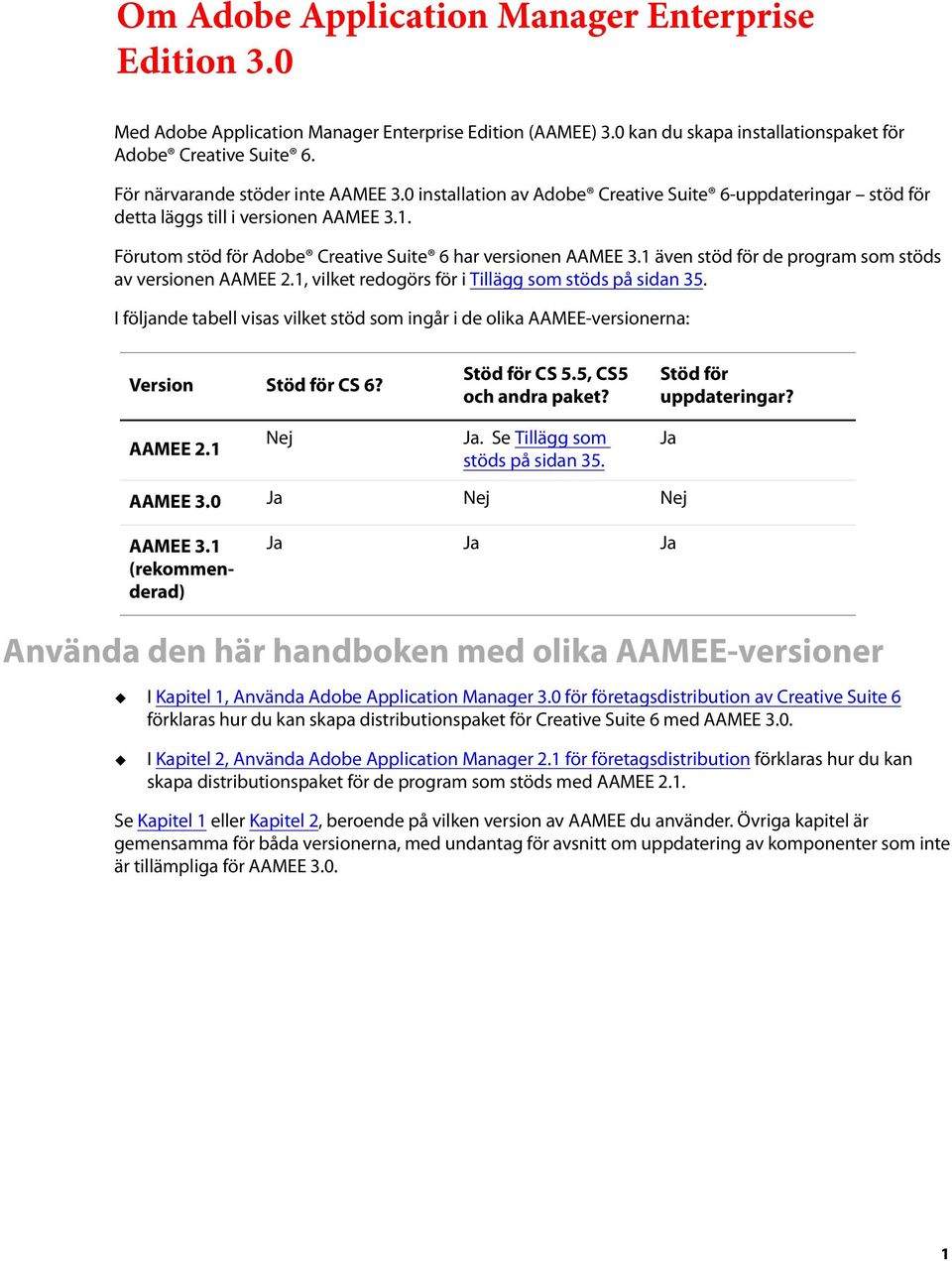 Förutom stöd för Adobe Creative Suite 6 har versionen AAMEE 3.1 även stöd för de program som stöds av versionen AAMEE 2.1, vilket redogörs för i Tillägg som stöds på sidan 35.