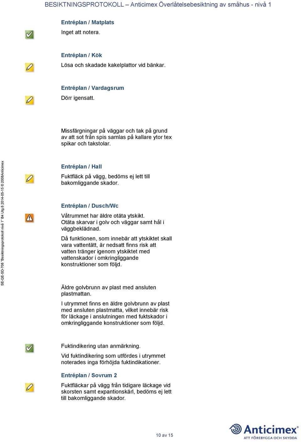 Entréplan / Dusch/Wc Våtrummet har äldre otäta ytskikt. Otäta skarvar i golv och väggar samt hål i väggbeklädnad.