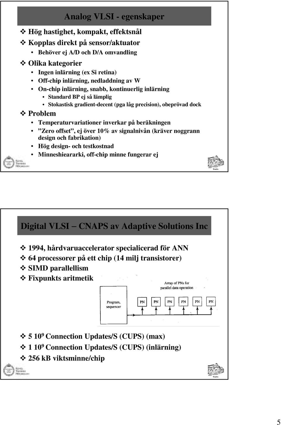 beräkningen Zero offset, ej över 10% av signalnivån (kräver noggrann design och fabrikation) Hög design- och testkostnad Minneshieararki, off-chip minne fungerar ej Digital VLSI CNAPS av Adaptive