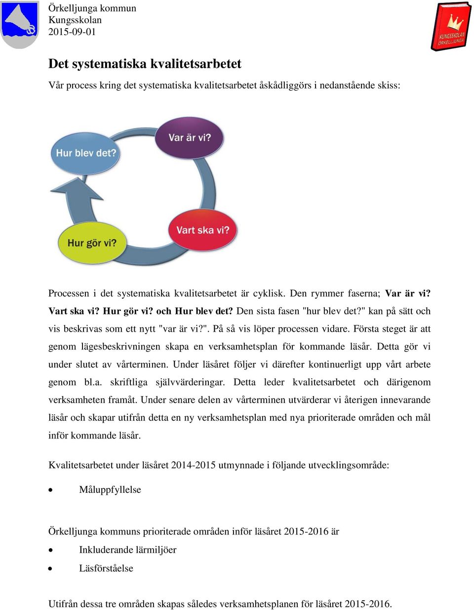 Första steget är att genom lägesbeskrivningen skapa en verksamhetsplan för kommande läsår. Detta gör vi under slutet av vårterminen.