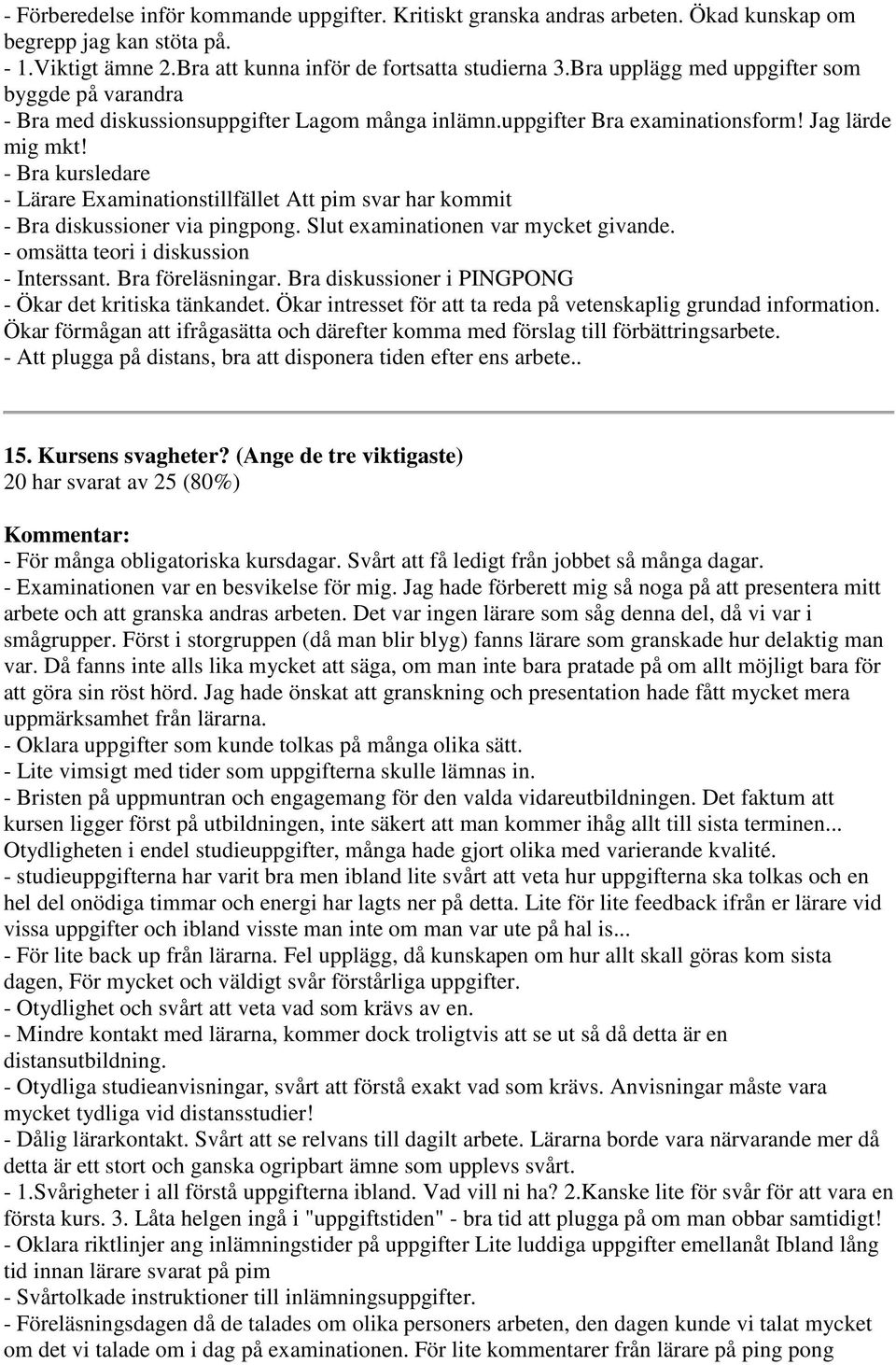 - Bra kursledare - Lärare Examinationstillfället Att pim svar har kommit - Bra diskussioner via pingpong. Slut examinationen var mycket givande. - omsätta teori i diskussion - Interssant.