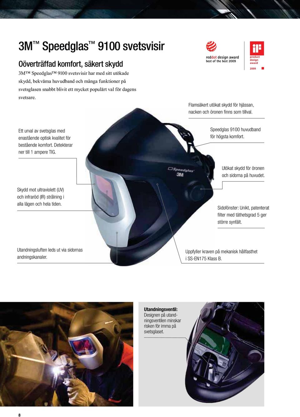Utökat skydd för öronen och sidorna på huvudet. Skydd mot ultraviolett (UV) och infraröd (IR) strålning i alla lägen och hela tiden.