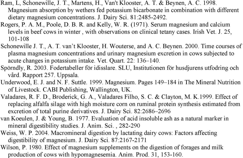 Serum magnesium and calcium levels in beef cows in winter, with observations on clinical tetany cases. Irish Vet. J. 25, 101-108 Schonewille J. T., A. T. van t Klooster, H. Wouterse, and A. C. Beynen.