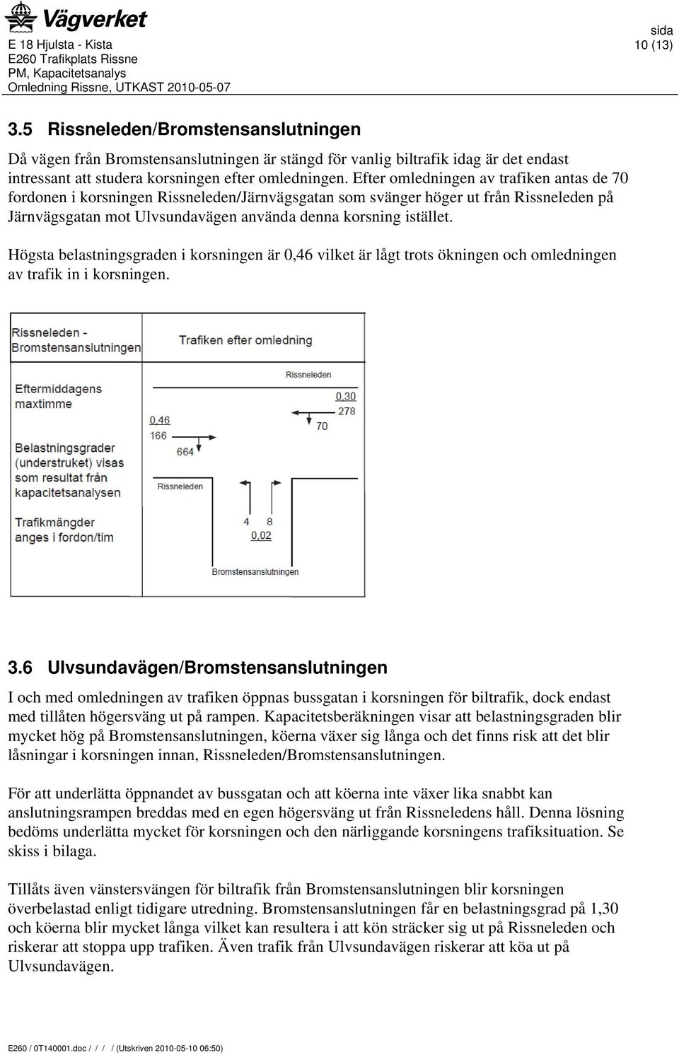 Högsta belastningsgraden i korsningen är 0,46 vilket är lågt trots ökningen och omledningen av trafik in i korsningen. 3.