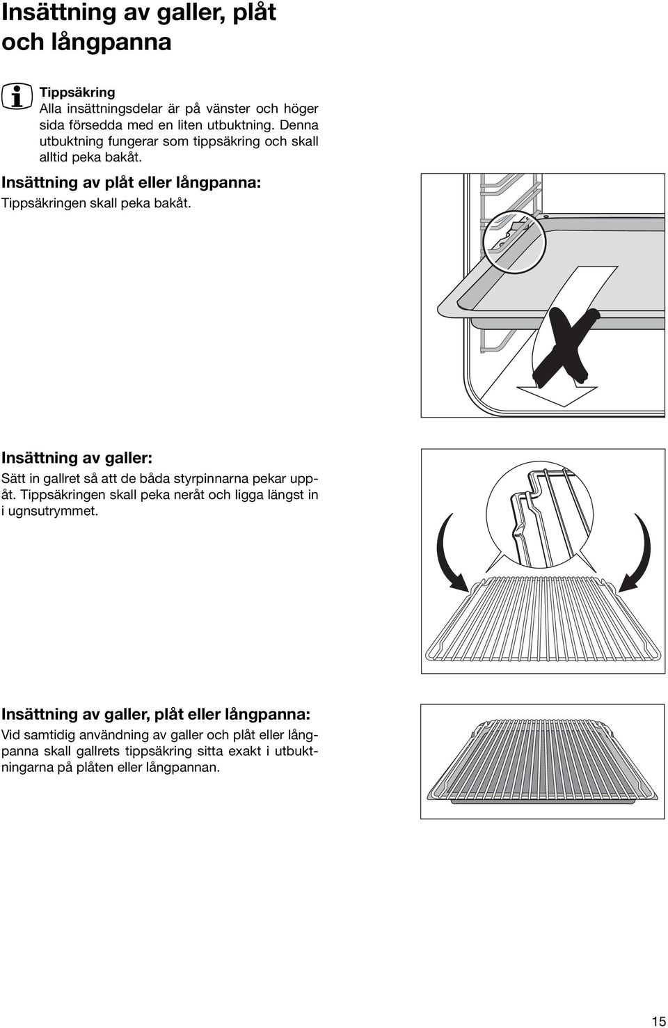 Insättning av galler: Sätt in gallret så att de båda styrpinnarna pekar uppåt. Tippsäkringen skall peka neråt och ligga längst in i ugnsutrymmet.