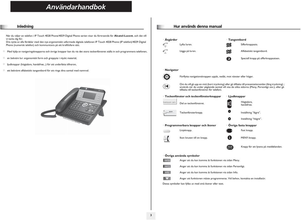Åtgärder Lyfta luren. Tangentbord Sifferknappsats. Med hjälp av navigeringsknapparna och övriga knappar kan du via det stora teckenfönstret ställa in och programmera telefonen, Lägga på luren.
