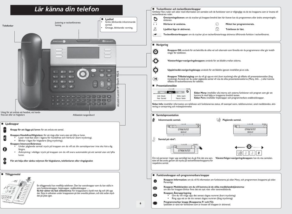 Omstyrningsikonen: om du trycker på knappen bredvid den här ikonen kan du programmera ändra omstyrningsfunktionen. Hörlurar är anslutna. Mötet har programmerats. Ljudlöst läge är aktiverat.