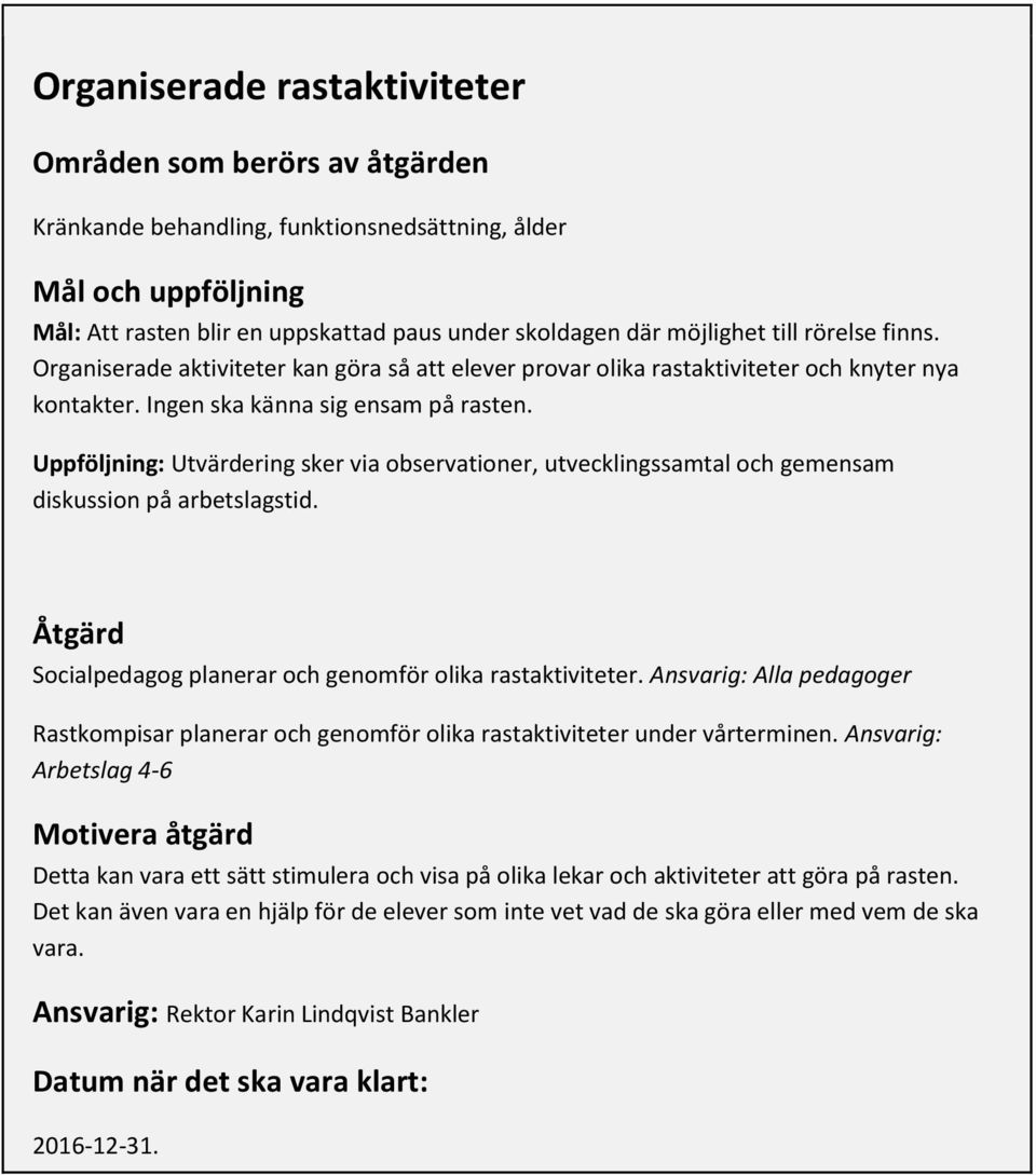 Uppföljning: Utvärdering sker via observationer, utvecklingssamtal och gemensam diskussion på arbetslagstid. Åtgärd Socialpedagog planerar och genomför olika rastaktiviteter.