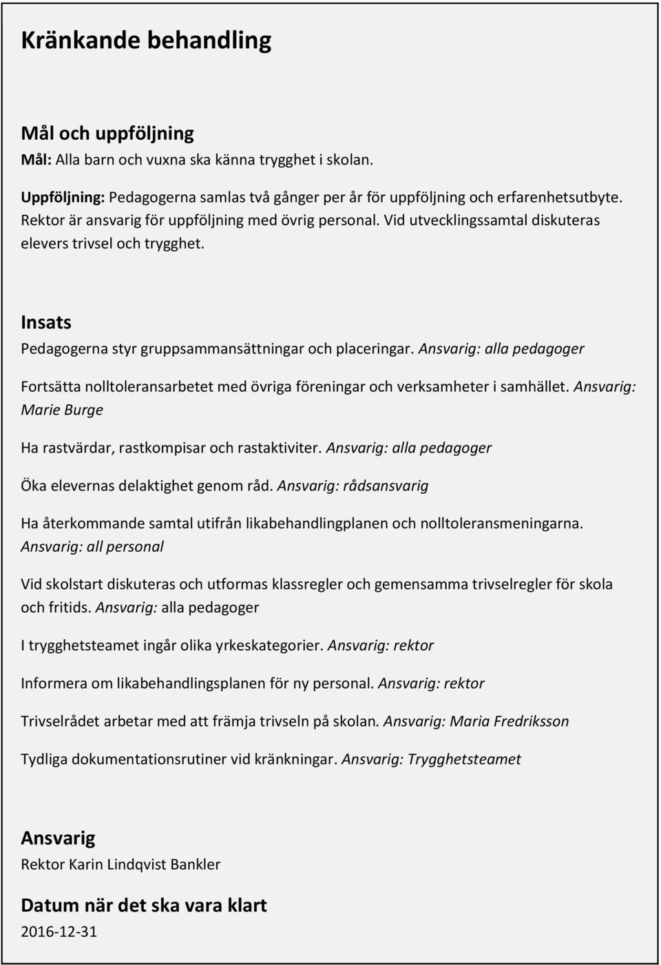 Ansvarig: alla pedagoger Fortsätta nolltoleransarbetet med övriga föreningar och verksamheter i samhället. Ansvarig: Marie Burge Ha rastvärdar, rastkompisar och rastaktiviter.