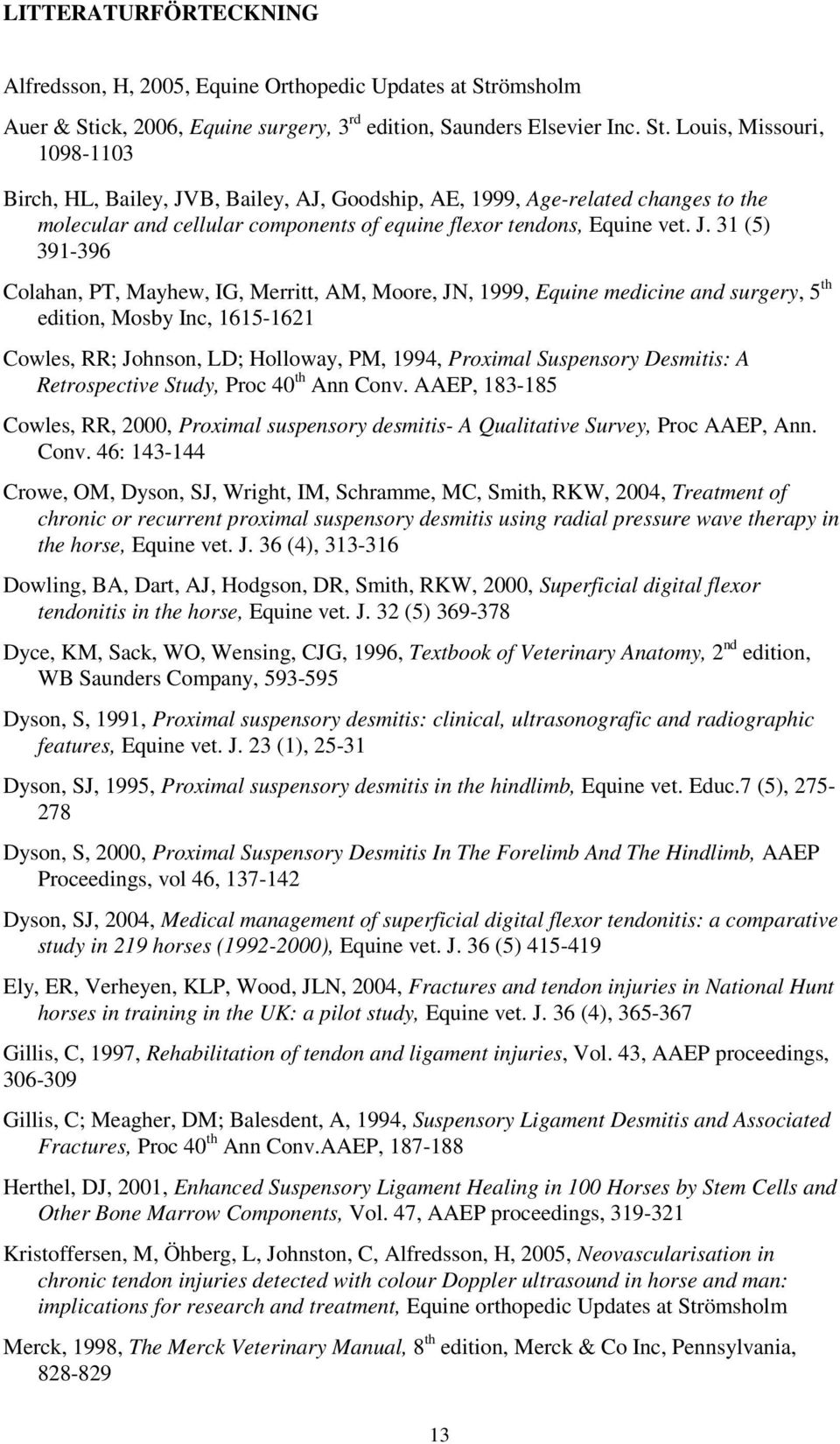 J. 31 (5) 391-396 Colahan, PT, Mayhew, IG, Merritt, AM, Moore, JN, 1999, Equine medicine and surgery, 5 th edition, Mosby Inc, 1615-1621 Cowles, RR; Johnson, LD; Holloway, PM, 1994, Proximal