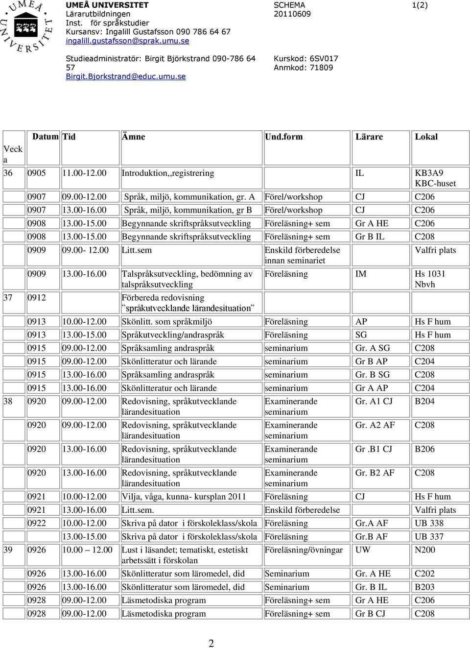 A Förel/workshop CJ C206 0907 13.00-16.00 Språk, miljö, kommunikation, gr B Förel/workshop CJ C206 0908 13.00-15.00 Begynnande skriftspråksutveckling Föreläsning+ sem Gr A HE C206 0908 13.00-15.00 Begynnande skriftspråksutveckling Föreläsning+ sem Gr B IL C208 0909 09.