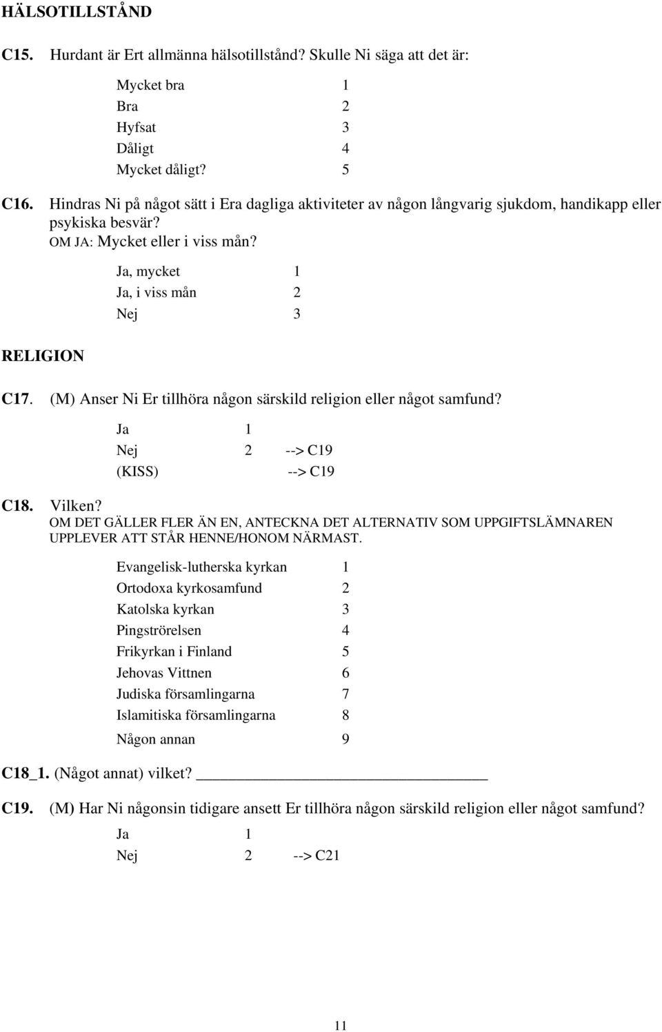 (M) Anser Ni Er tillhöra någon särskild religion eller något samfund? --> C19 (KISS) --> C19 C18. Vilken?