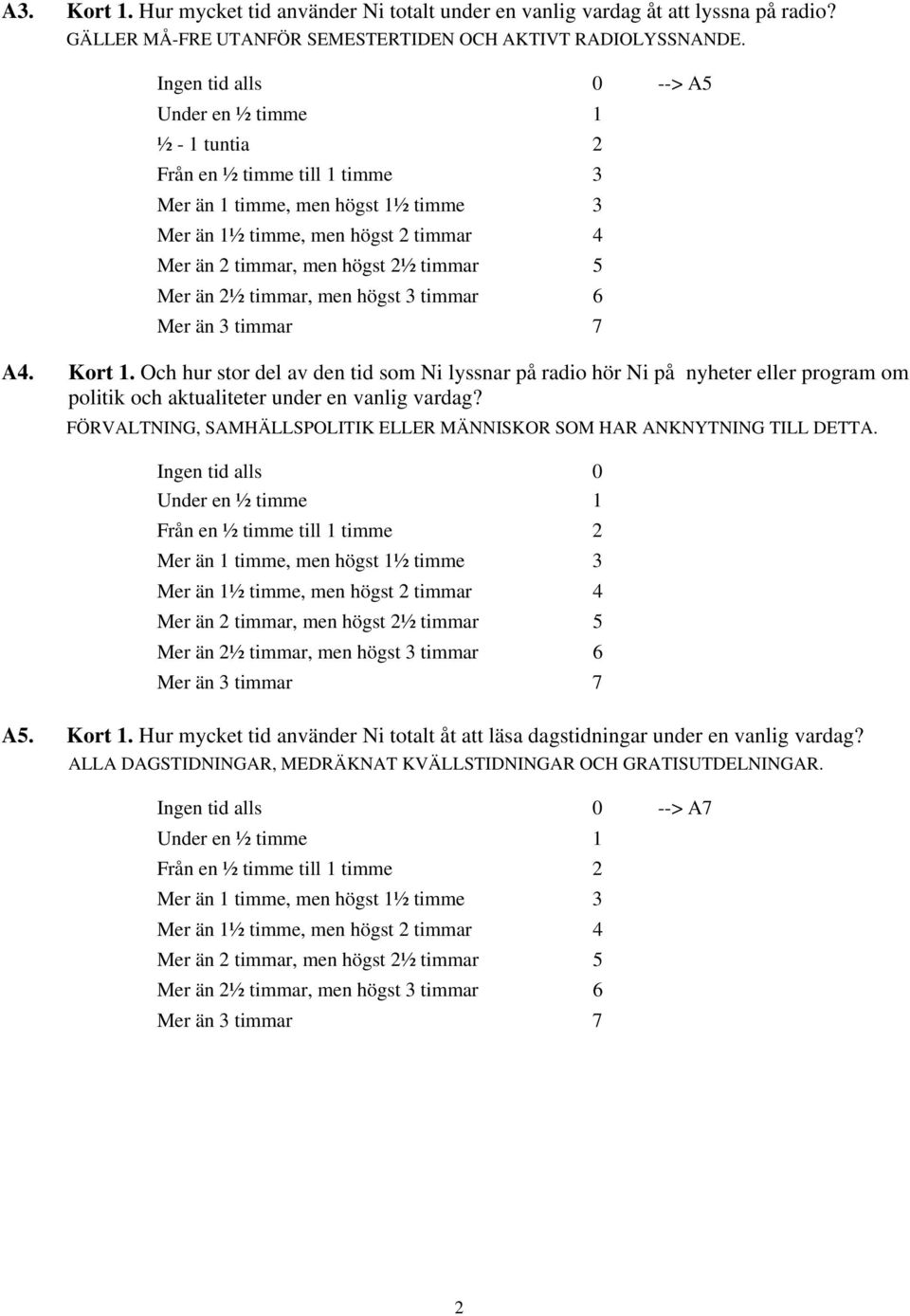 timmar 5 Mer än 2½ timmar, men högst 3 timmar 6 Mer än 3 timmar 7 A4. Kort 1.