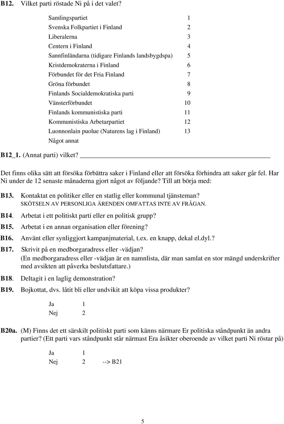 Gröna förbundet 8 Finlands Socialdemokratiska parti 9 Vänsterförbundet 10 Finlands kommunistiska parti 11 Kommunistiska Arbetarpartiet 12 Luonnonlain puolue (Naturens lag i Finland) 13 Något annat