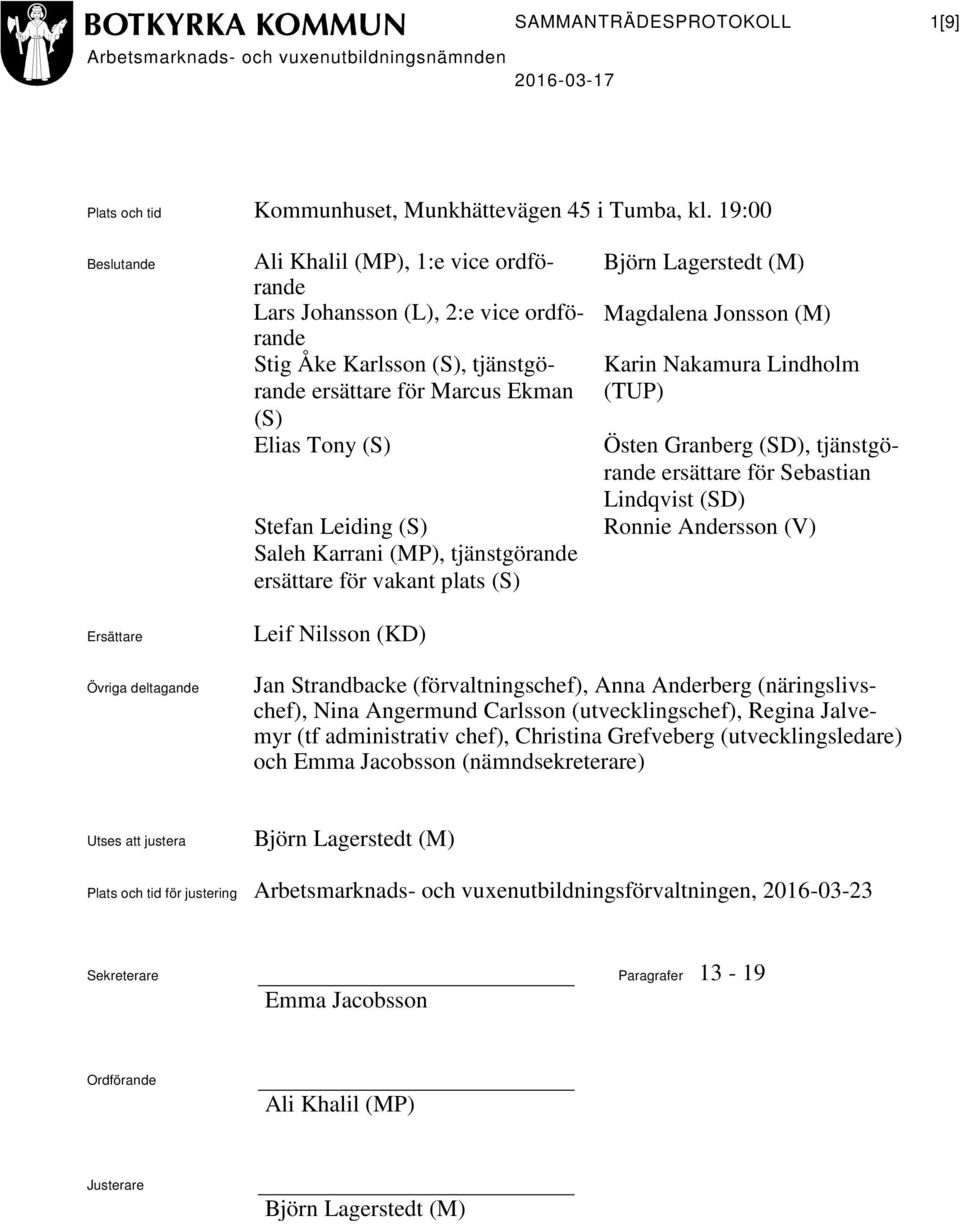 Saleh Karrani (MP), tjänstgörande ersättare för vakant plats (S) Leif Nilsson (KD) Björn Lagerstedt (M) Magdalena Jonsson (M) Karin Nakamura Lindholm (TUP) Östen Granberg (SD), tjänstgörande