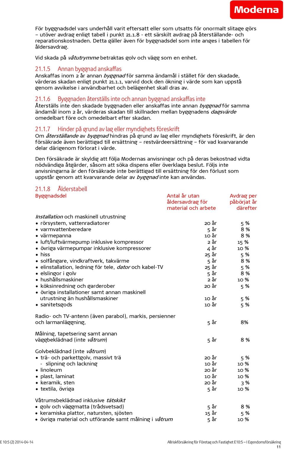 1.5 Annan byggnad anskaffas Anskaffas inom 2 år annan byggnad för samma ändamål i stället för den skadade, värderas skadan enligt punkt 21.1.1, varvid dock den ökning i värde som kan uppstå genom avvikelse i användbarhet och belägenhet skall dras av.