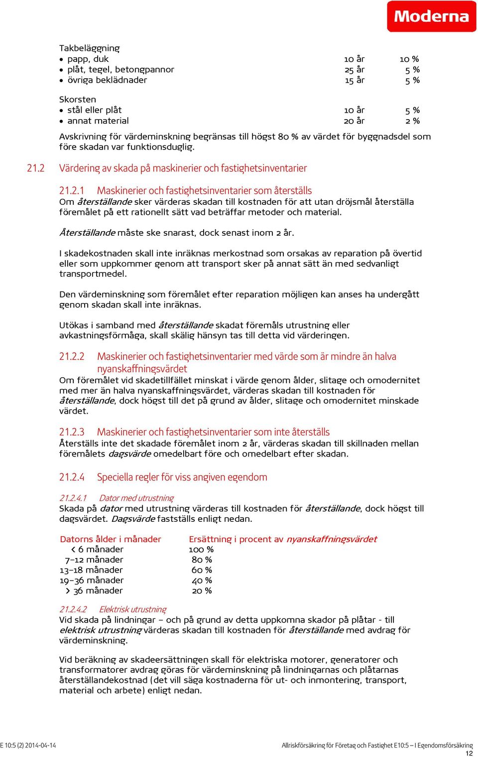 .2 Värdering av skada på maskinerier och fastighetsinventarier 21.2.1 Maskinerier och fastighetsinventarier som återställs Om återställande sker värderas skadan till kostnaden för att utan dröjsmål