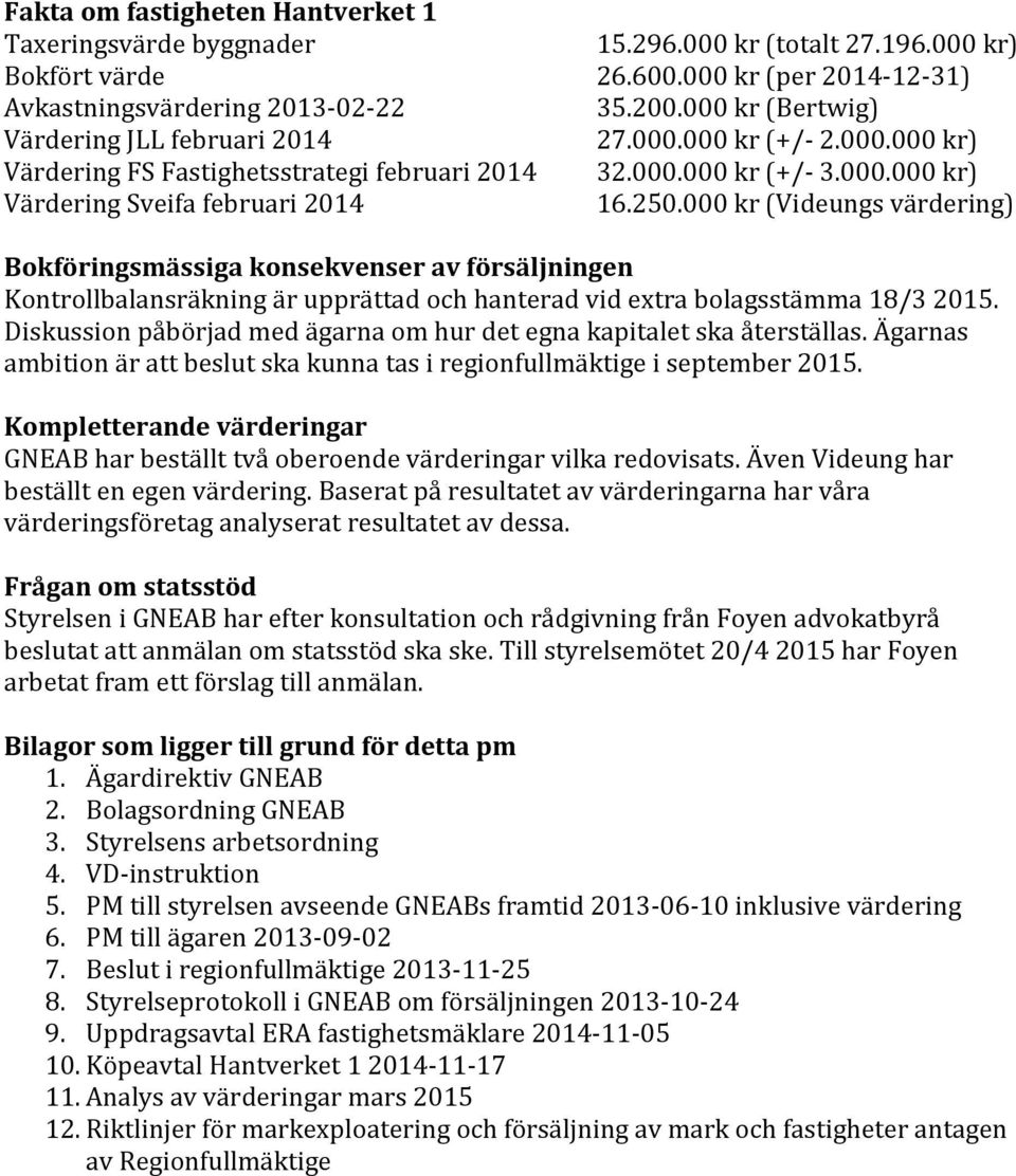 000 kr (Videungs värdering) Bokföringsmässiga konsekvenser av försäljningen Kontrollbalansräkning är upprättad och hanterad vid extra bolagsstämma 18/3 2015.