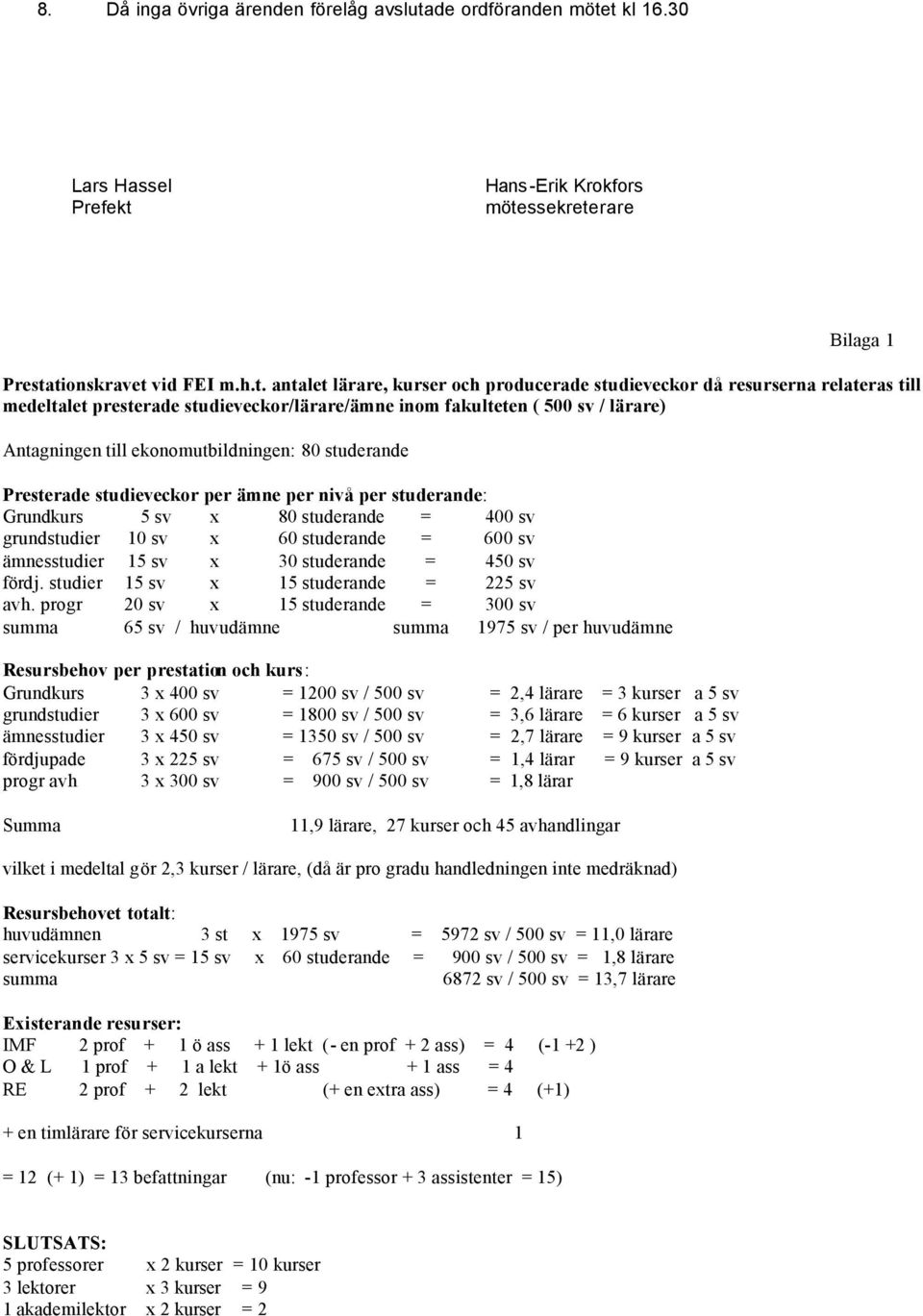 t kl 16.30 Lars Hassel Prefekt Hans -Erik Krokfors mötessekreterare Bilaga 1 Prestationskravet vid FEI m.h.t. antalet lärare, kurser och producerade studieveckor då resurserna relateras till