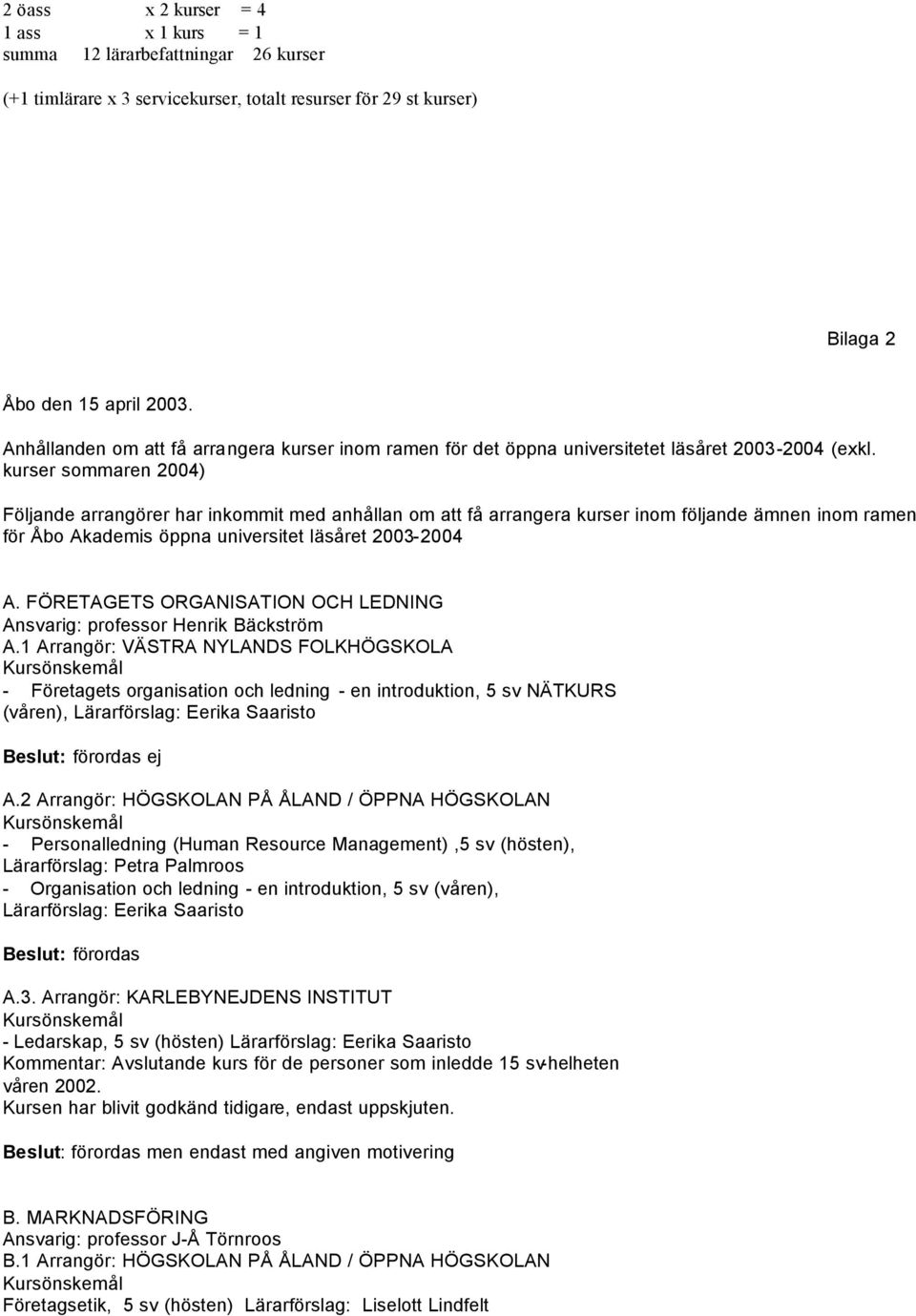 kurser sommaren 2004) Följande arrangörer har inkommit med anhållan om att få arrangera kurser inom följande ämnen inom ramen för Åbo Akademis öppna universitet läsåret 2003-2004 A.