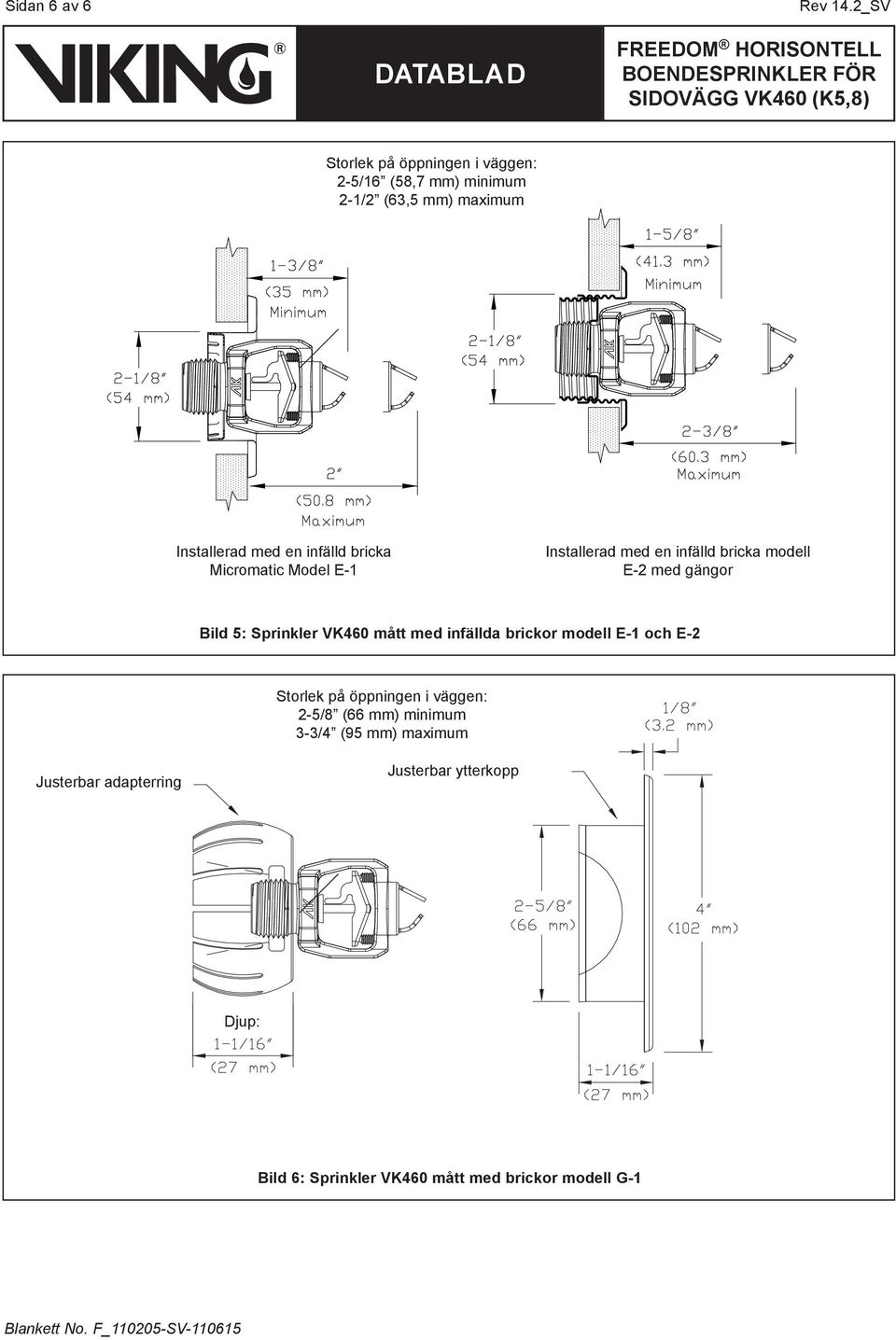 bricka Micromatic Model E-1 Installerad med en infälld bricka modell E-2 med gängor Bild 5: Sprinkler VK460 mått