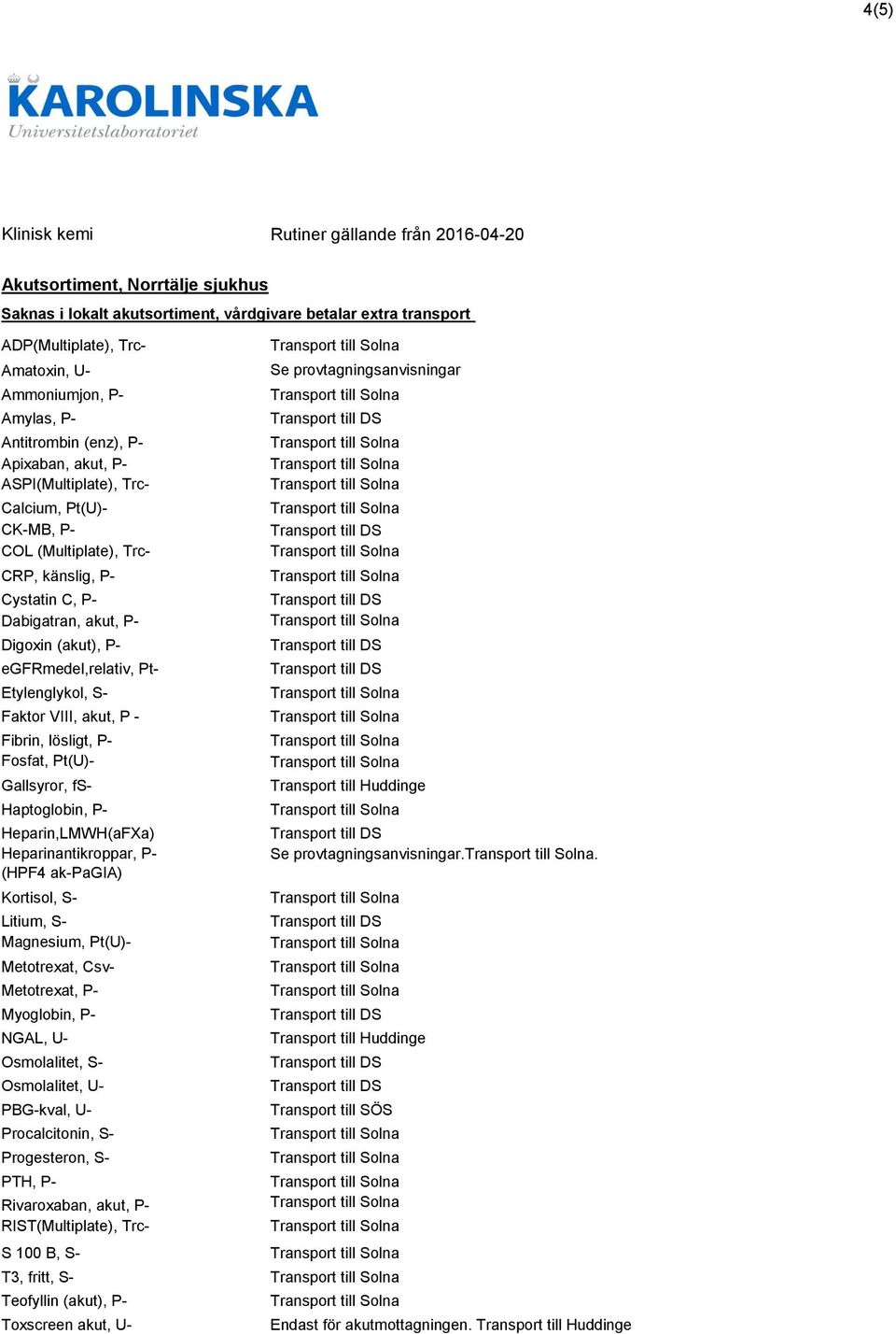 lösligt, P- Fosfat, Pt(U)- Gallsyror, fs- Haptoglobin, P- Heparin,LMWH(aFXa) Heparinantikroppar, P- (HPF4 ak-pagia) Kortisol, S- Litium, S- Magnesium, Pt(U)- Metotrexat, Csv- Metotrexat, P-