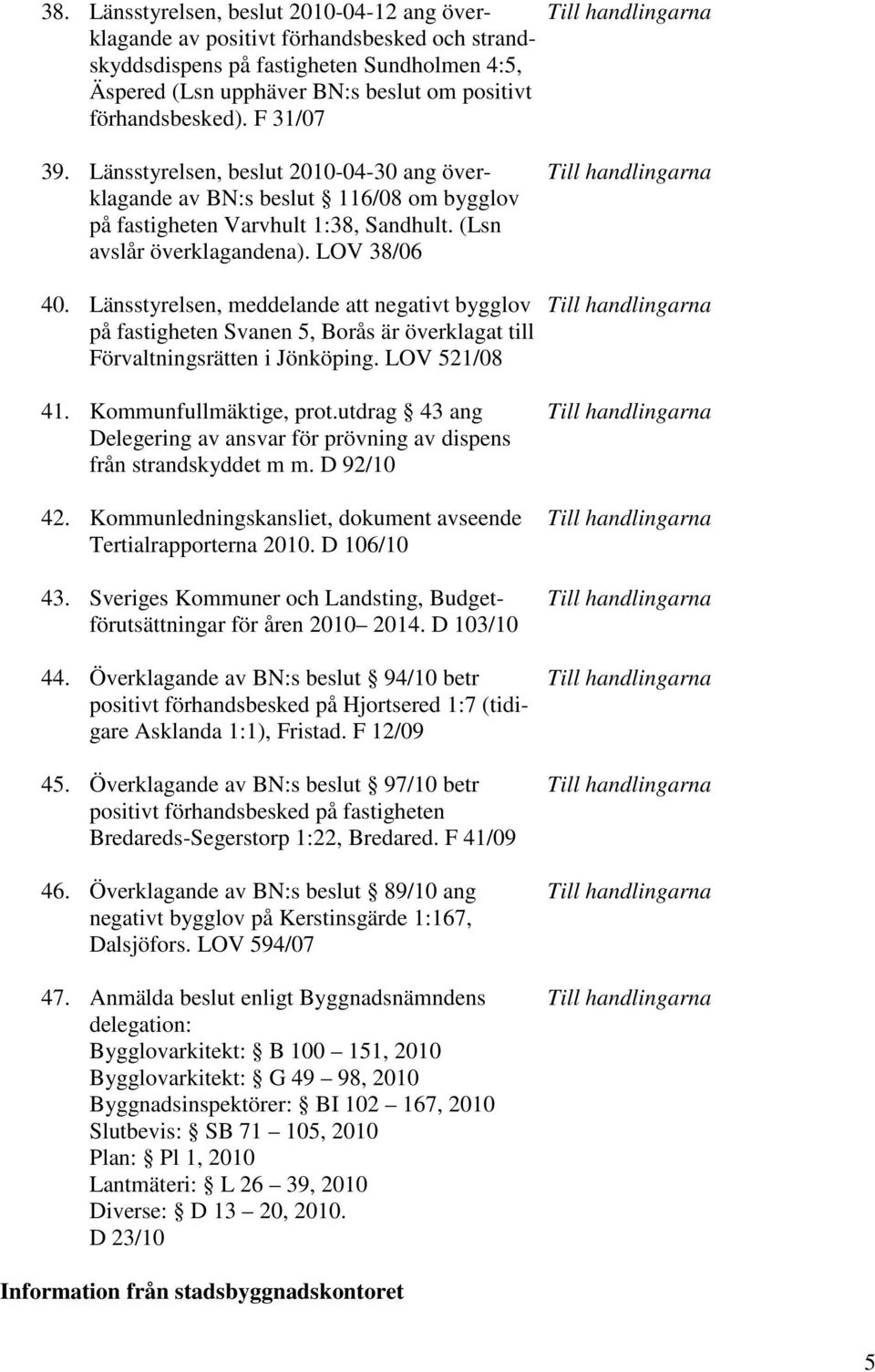 (Lsn avslår överklagandena). LOV 38/06 40. Länsstyrelsen, meddelande att negativt bygglov Till handlingarna på fastigheten Svanen 5, Borås är överklagat till Förvaltningsrätten i Jönköping.