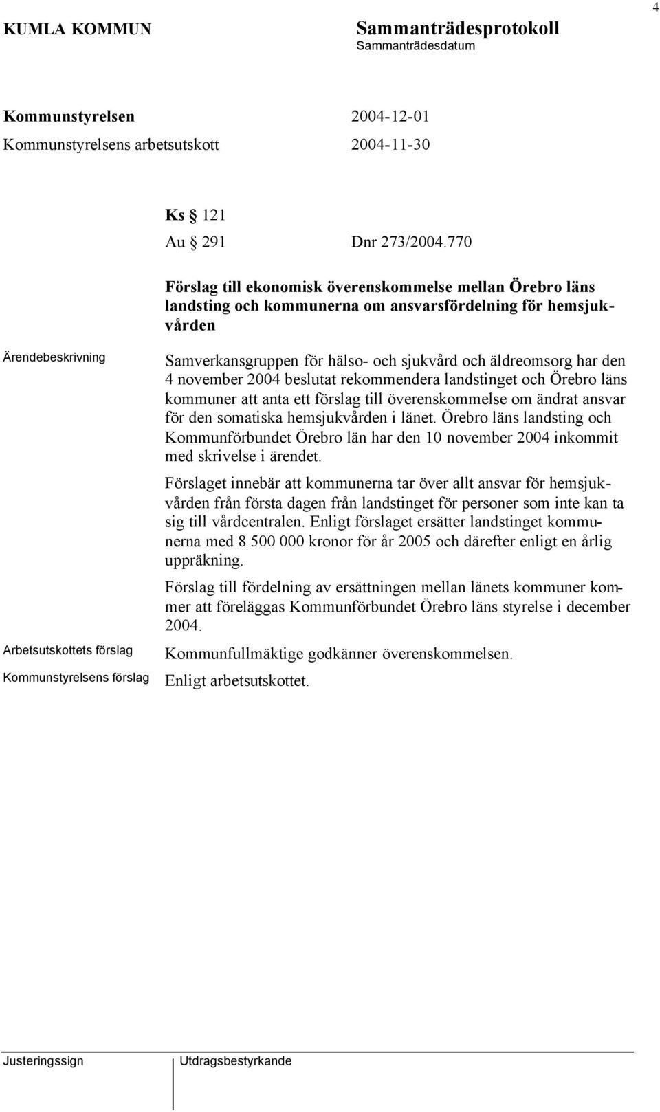 äldreomsorg har den 4 november 2004 beslutat rekommendera landstinget och Örebro läns kommuner att anta ett förslag till överenskommelse om ändrat ansvar för den somatiska hemsjukvården i länet.