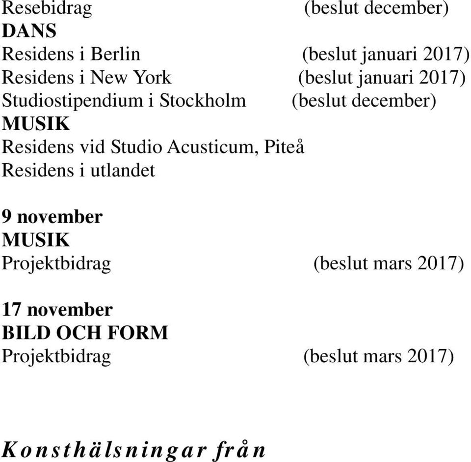 Residens vid Studio Acusticum, Piteå Residens i utlandet 9 november MUSIK