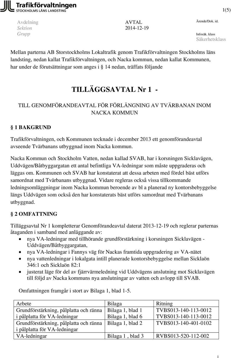 under de förutsättningar som anges i 14 nedan, träffats följande TILLÄGGSAVTAL Nr 1 - TILL GENOMFÖRANDEAVTAL FÖR FÖRLÄNGNING AV TVÄRBANAN INOM NACKA KOMMUN 1 BAKGRUND Trafikförvaltningen, och