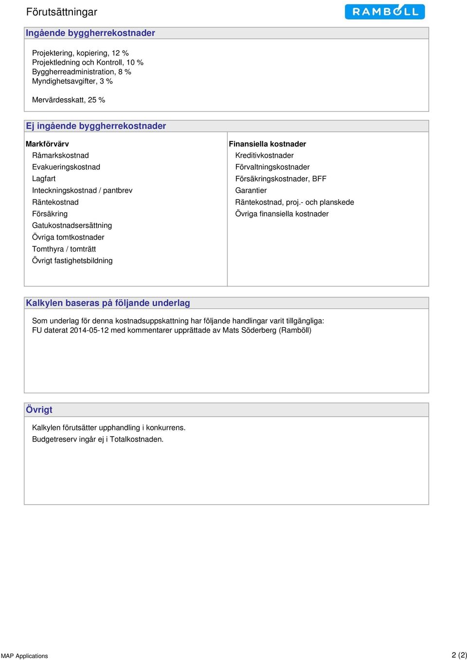 fastighetsbildning Finansiella kostnader Kreditivkostnader Förvaltningskostnader Försäkringskostnader, BFF Garantier Räntekostnad, proj.